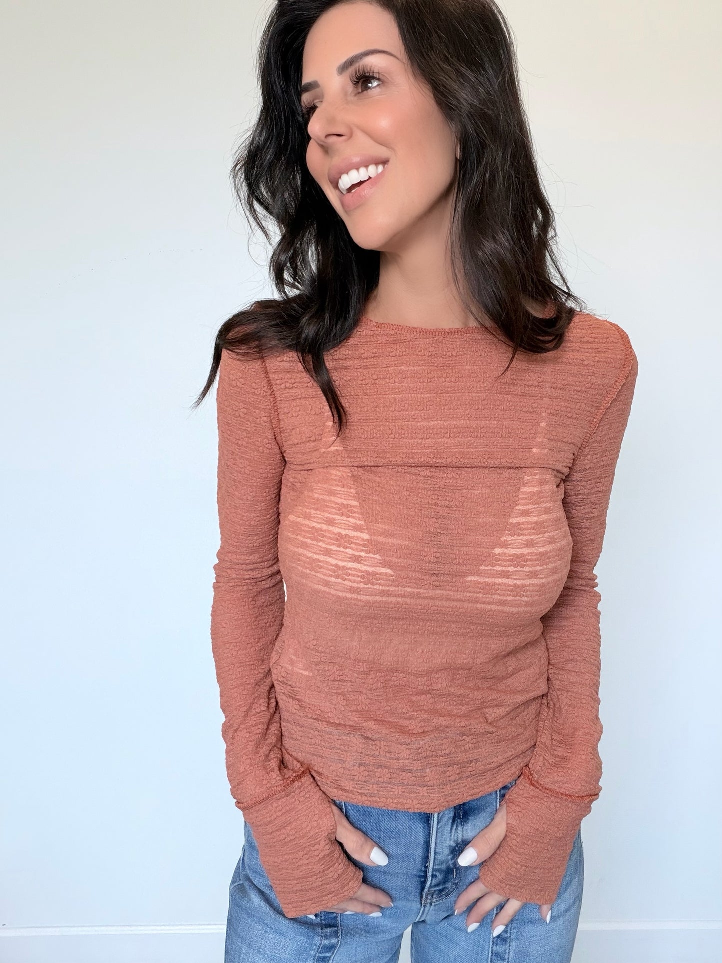 Hey Girl Textured Long Sleeve Top